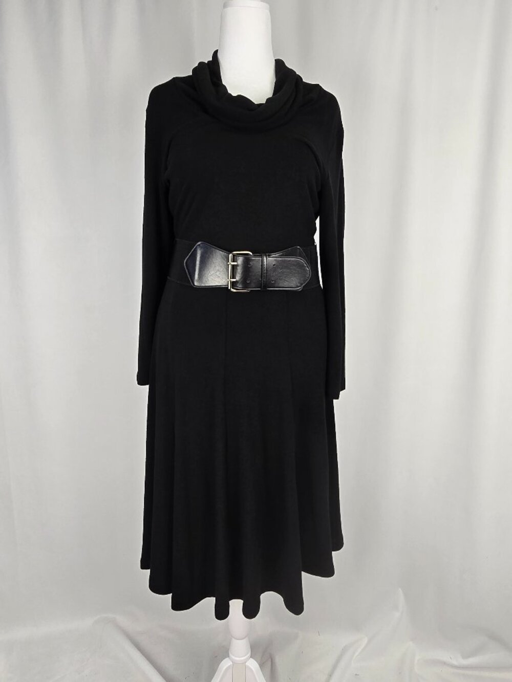 Forever Black Cowl Neck Belted Dress – Silver Buckle Waist, XL